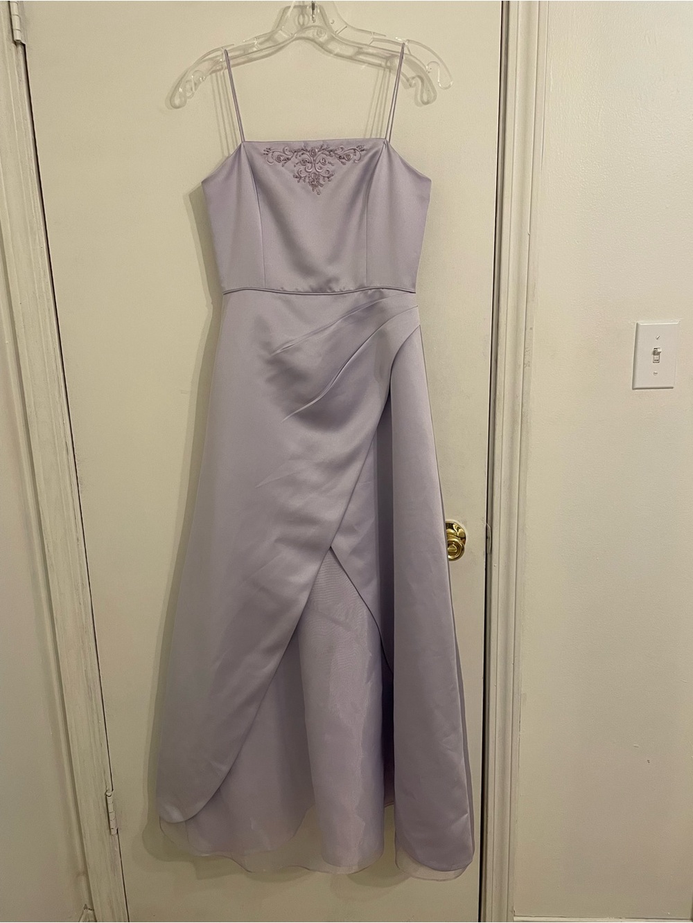 David's Bridal Lilac Satin Spaghetti-Strap Formal Dress